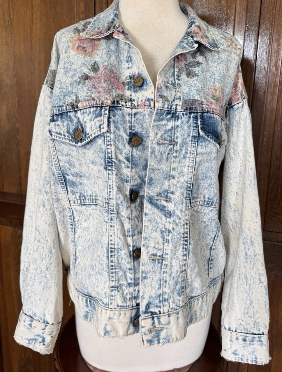 VTG 80s Bonjour International Acid Wash Denim Jacket Floral Oversized USA M – XL