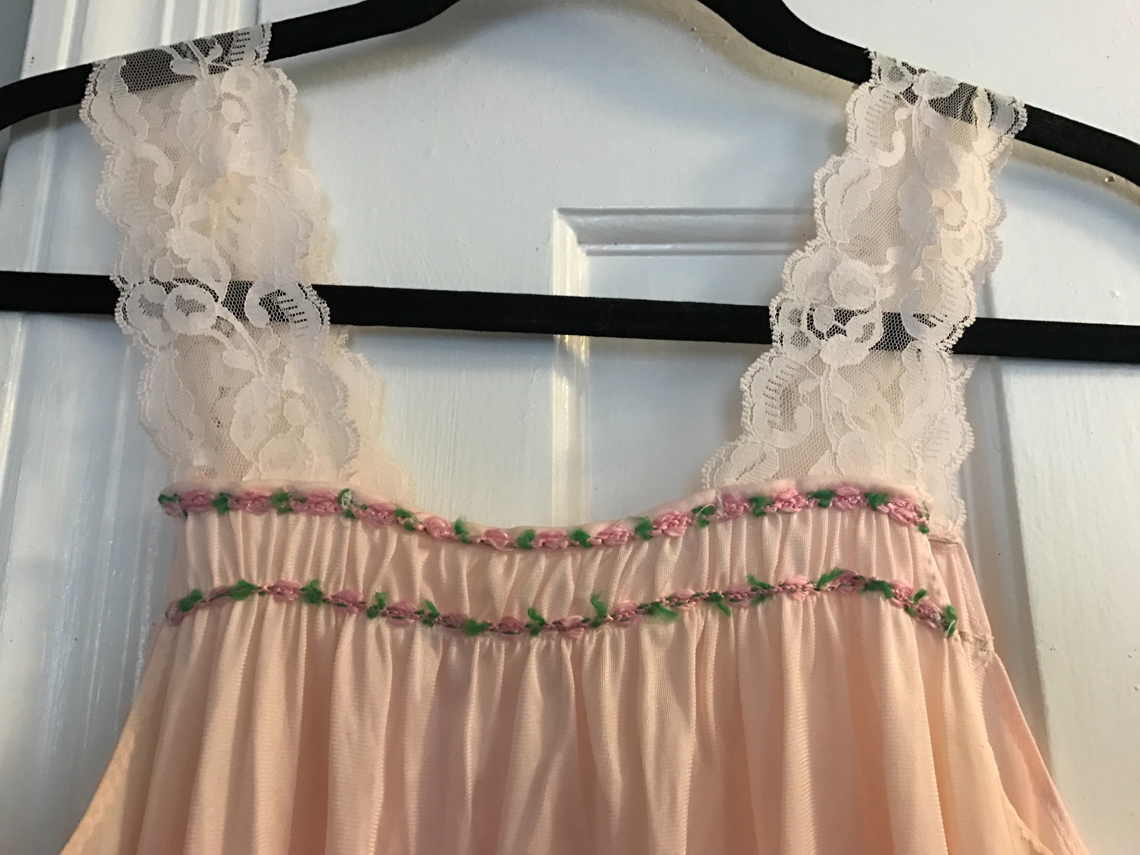 Vintage Jennifer Dale Pink Nylon Lace Strap Hem Gown Long Sz 11 IGWU Sheer