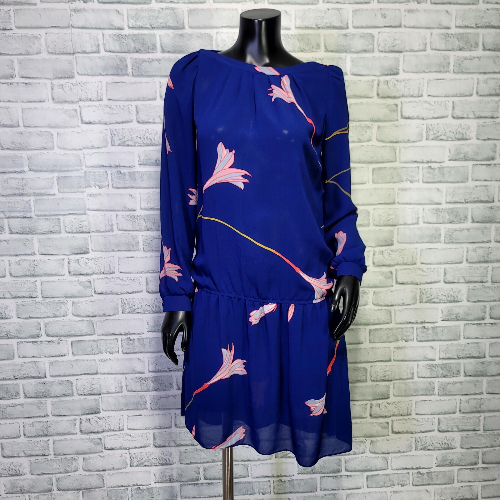 Vintage 70s Malibu Media California Womens M Blue Sheer Floral Drop Waist Dress