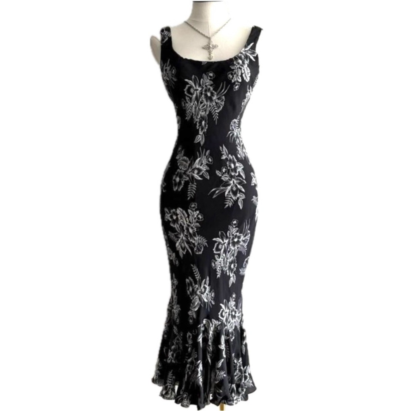 Y2K Silk Vintage Jones New York Signature Black & White Floral Midi Dress L