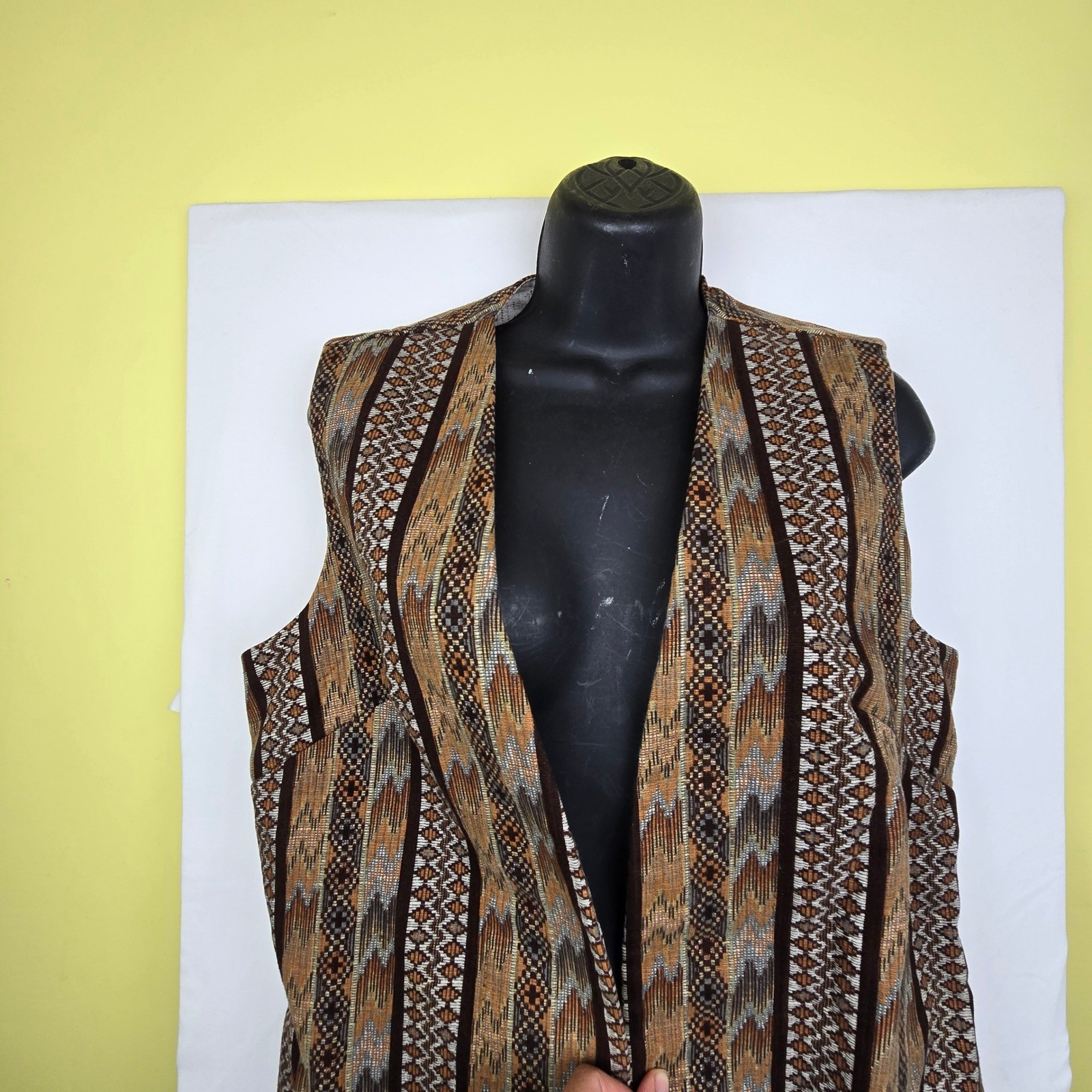 Vintage Prior Westerns Denver Southwestern Geometric Woven Longline Vest Brown