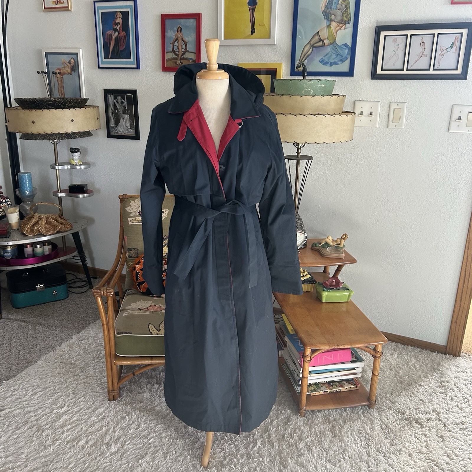 Vintage 1940s style Coat | Navy Blue | Hood | Trench | Belted | M L | 40s | 80s