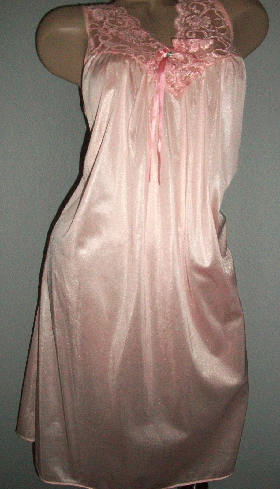 Vtg Peach Shiny Nylon Nightgown S M