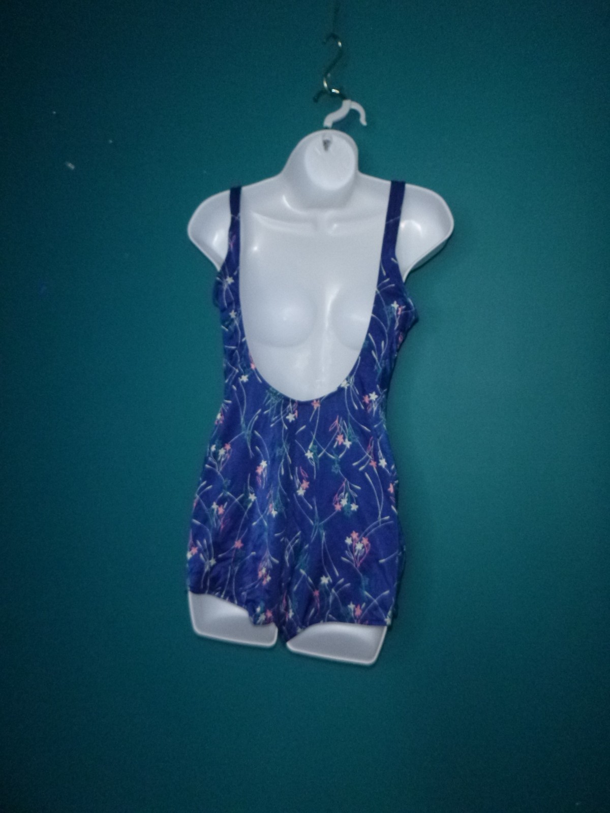 Vtg 70s Maxine of Hollywood Swimsuit One Piece BLue W/ Flowers Sz 18