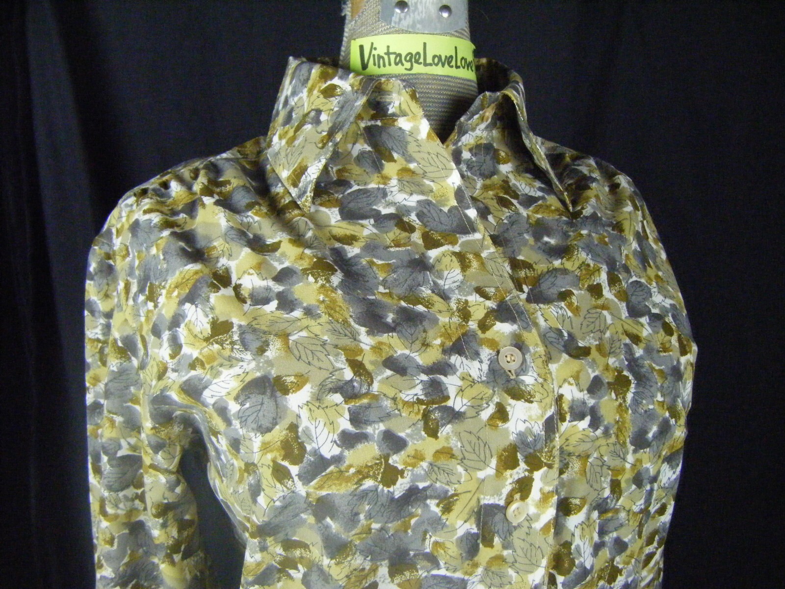 VERA NEUMANN Vtg 70s Grey Brown Leaf Printed Shirt-Bust 39/S-M