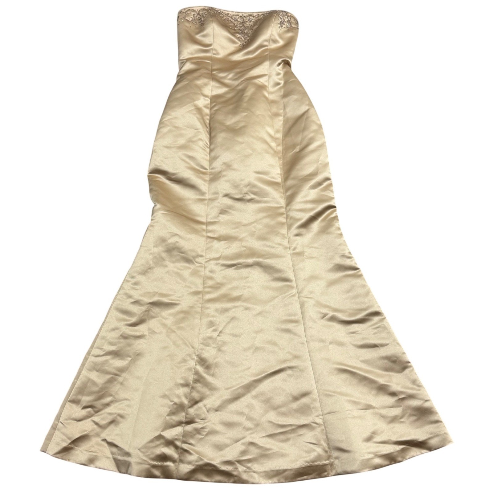 Donna Gray Gold Strapless Beaded Ball Gown S/6 Evening Formal Luxury VTG Satin