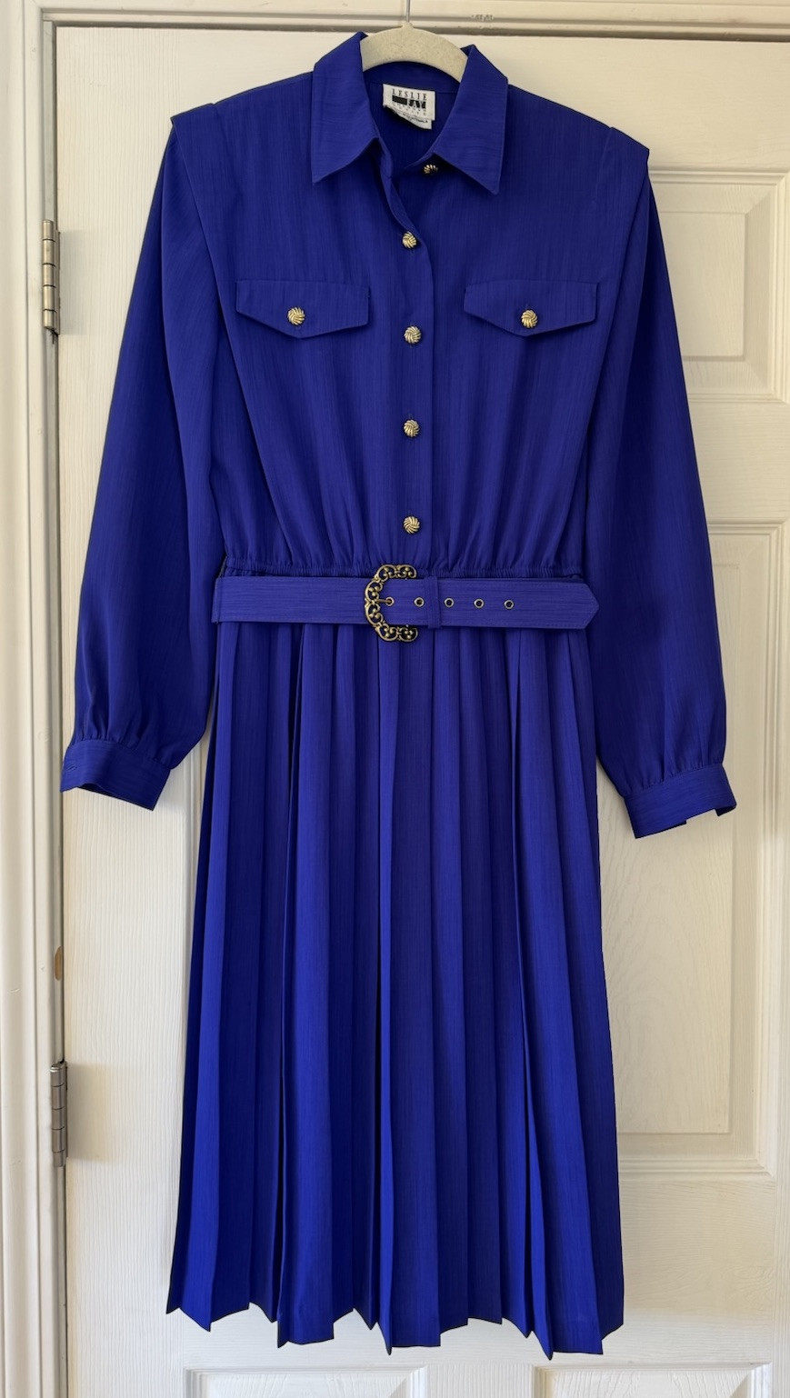 Vintage LESLIE FAY Petite Dress Secretary/Geek Pleated Skirt Gold Buttons Size S