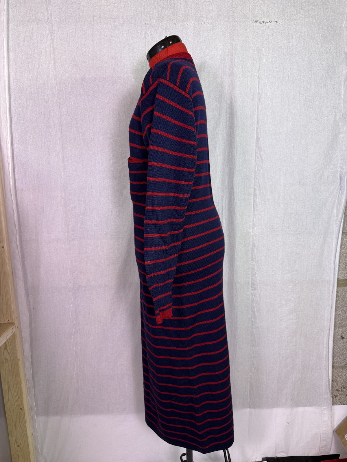 VTG Gloria Sachs Women Sweater Dress Sz Medium Merino Wool Blue Red Striped F138