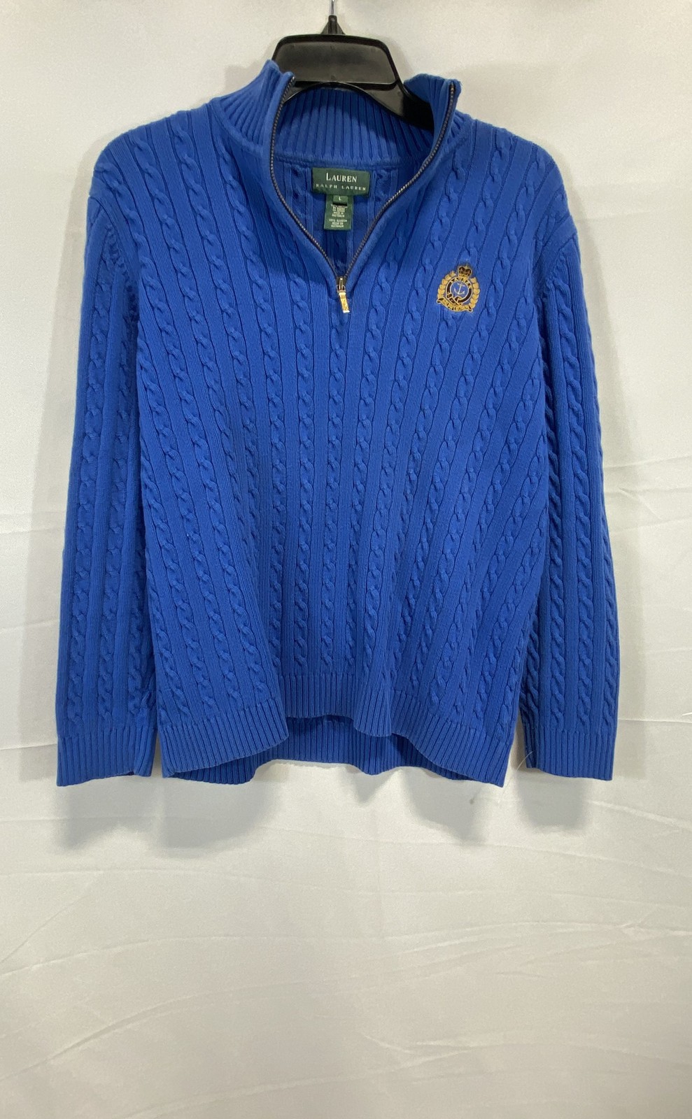 Vintage Y2K Lauren Ralph Lauren Women’s Blue Cable Knit Crest Sweater Sz L