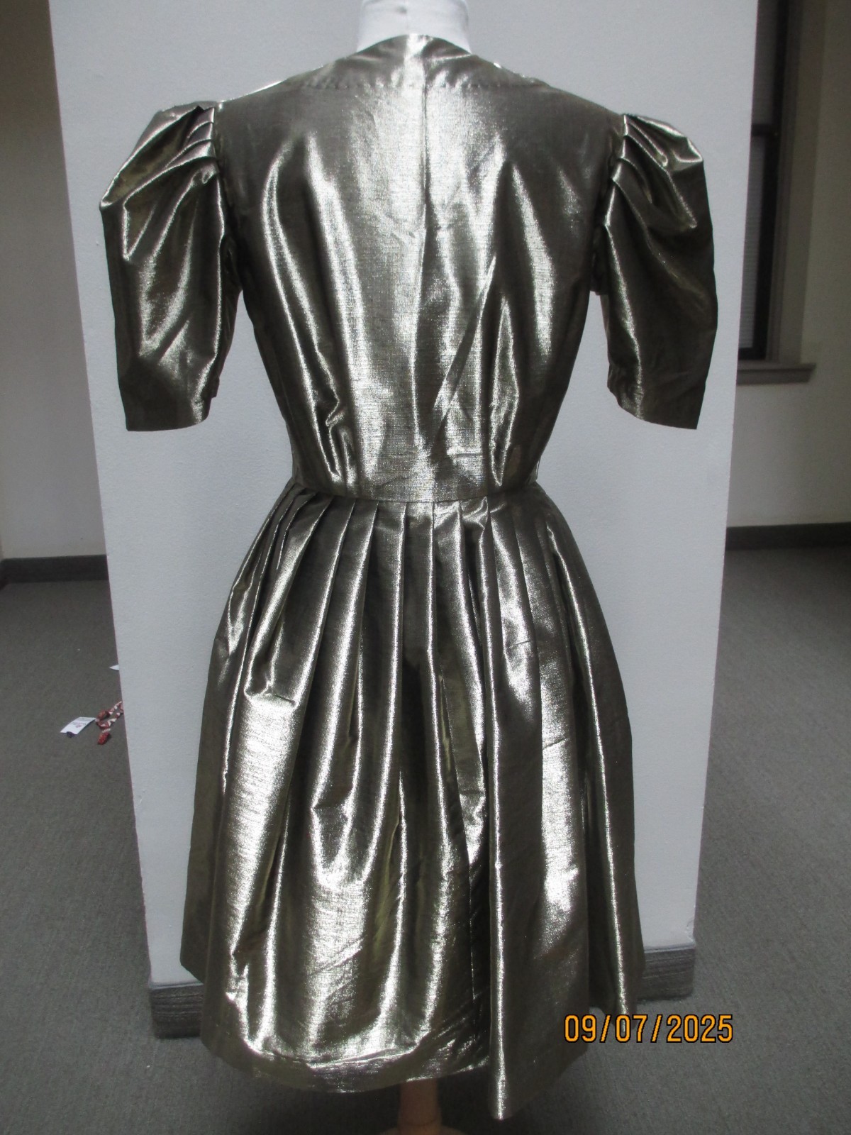 Handmade gold metallic vintage dress 1950s, sz M, surplice neckline w pleating