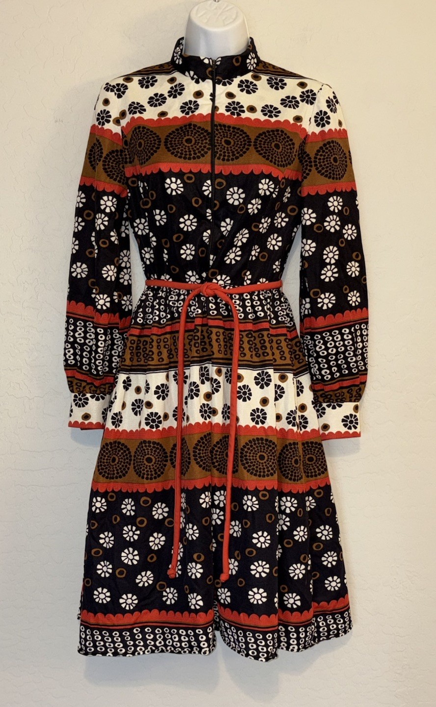 Fred Rothschild 1960’s Vintage red & brown striped Mod hippie boho Midi Dress XS