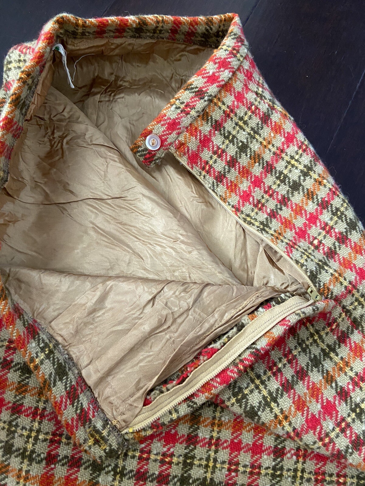 Vtg Miss Pat California Pencil Skirt Women 22” Waist Red Gold Green Plaid Wool ?
