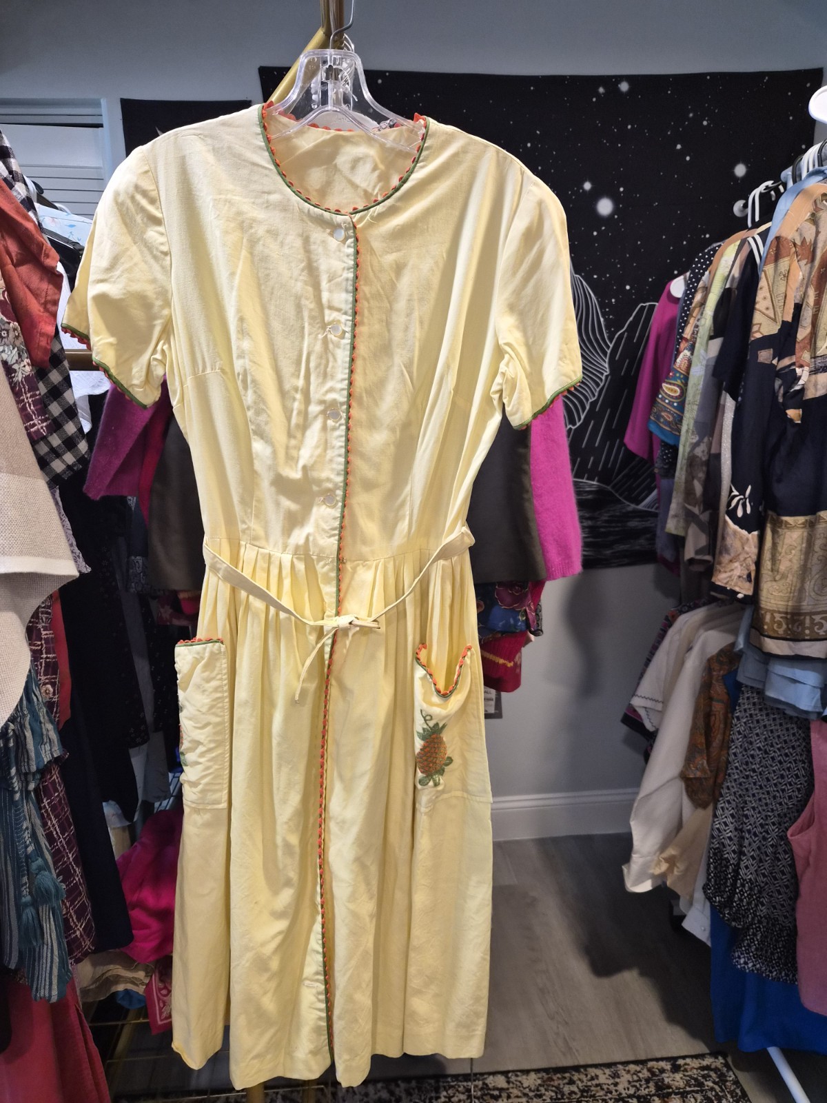 1960s Handmade Butter Yellow Cotton Dress With Embroidery