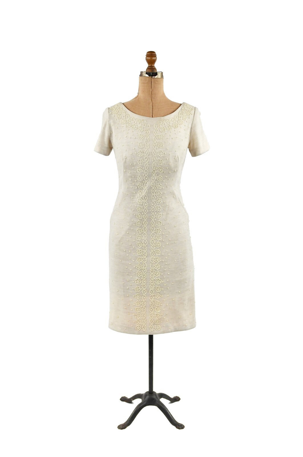 Vintage 60s Light Cream Floral Seed Bead Embellished Hourglass Cocktail Dress S