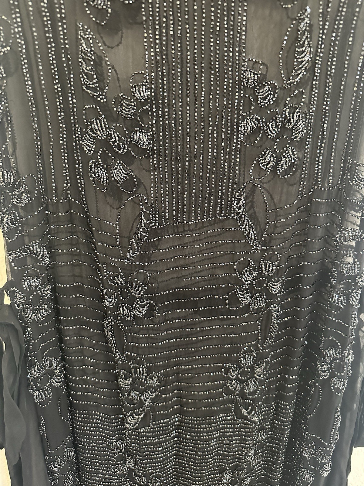 Antique Art Deco Beaded Silk Chiffon Tabard Dress Black Glass Beads 1920s Medium