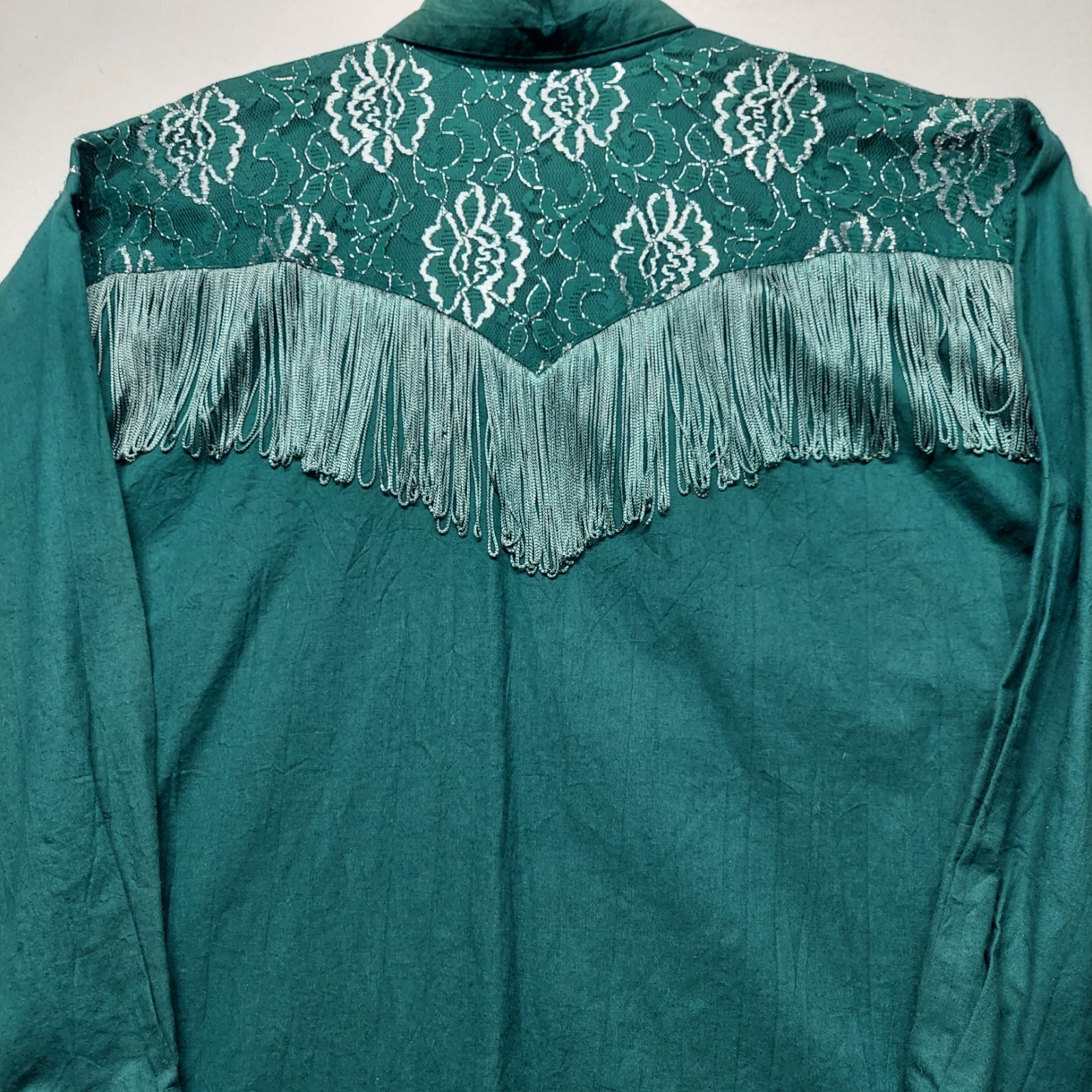 VTG 80’s Lilia Guilty Western Cowgirl Blouse XL Green Metallic Lace Fringe USA