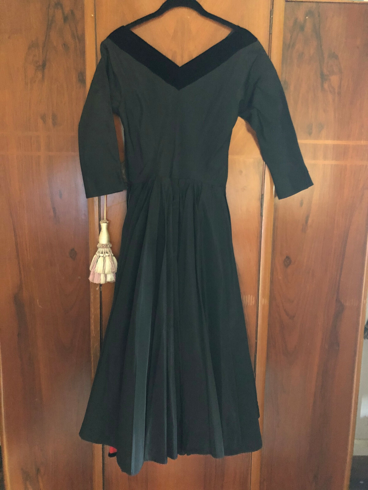 True Vintage Taffeta Dress Velvet Neckline Red Crinoline Authentic Sandra Sage