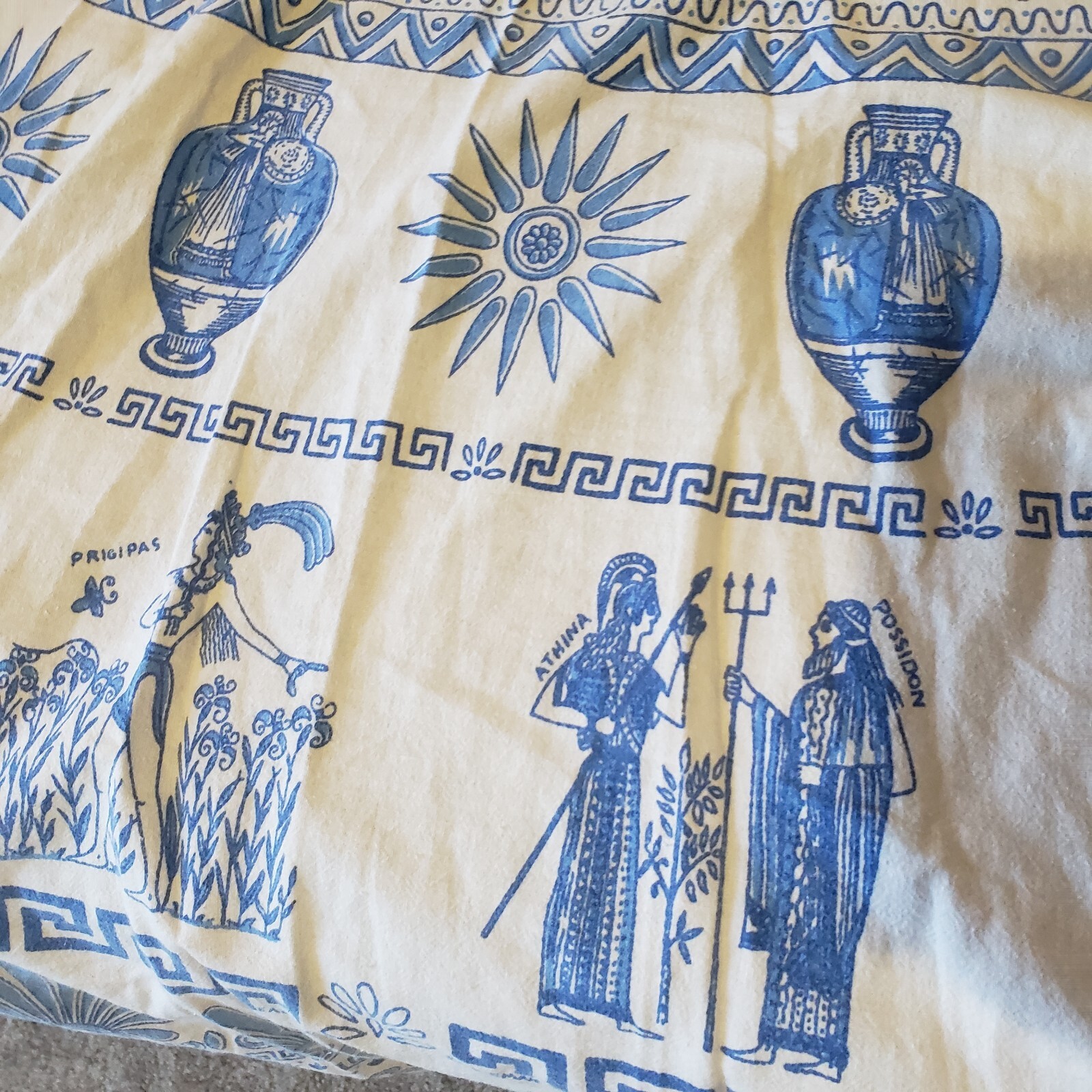 Vtg 1970s Greek Greece Novelty Wrap Skirt Blue White Cotton Size Medium