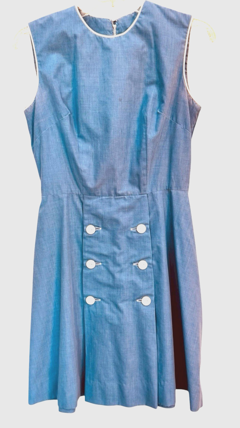 Vintage 60s Blue Sleeveless Twiggy Retro Mod Belted Cotton Dress M