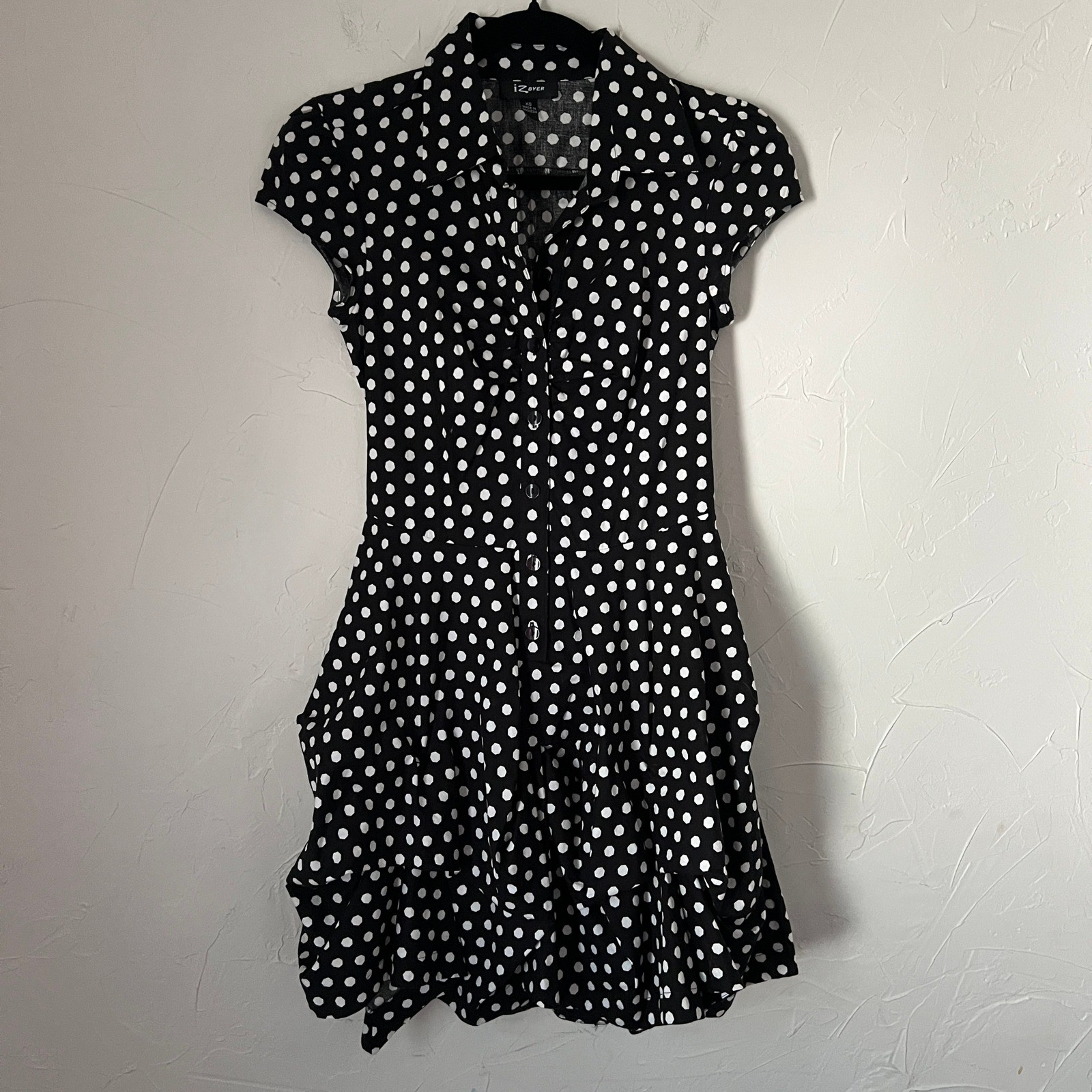 Y2K Polka Dot Dress iZ Byer Black White Ruffle Skater Retro Indie Parisian Sz XS