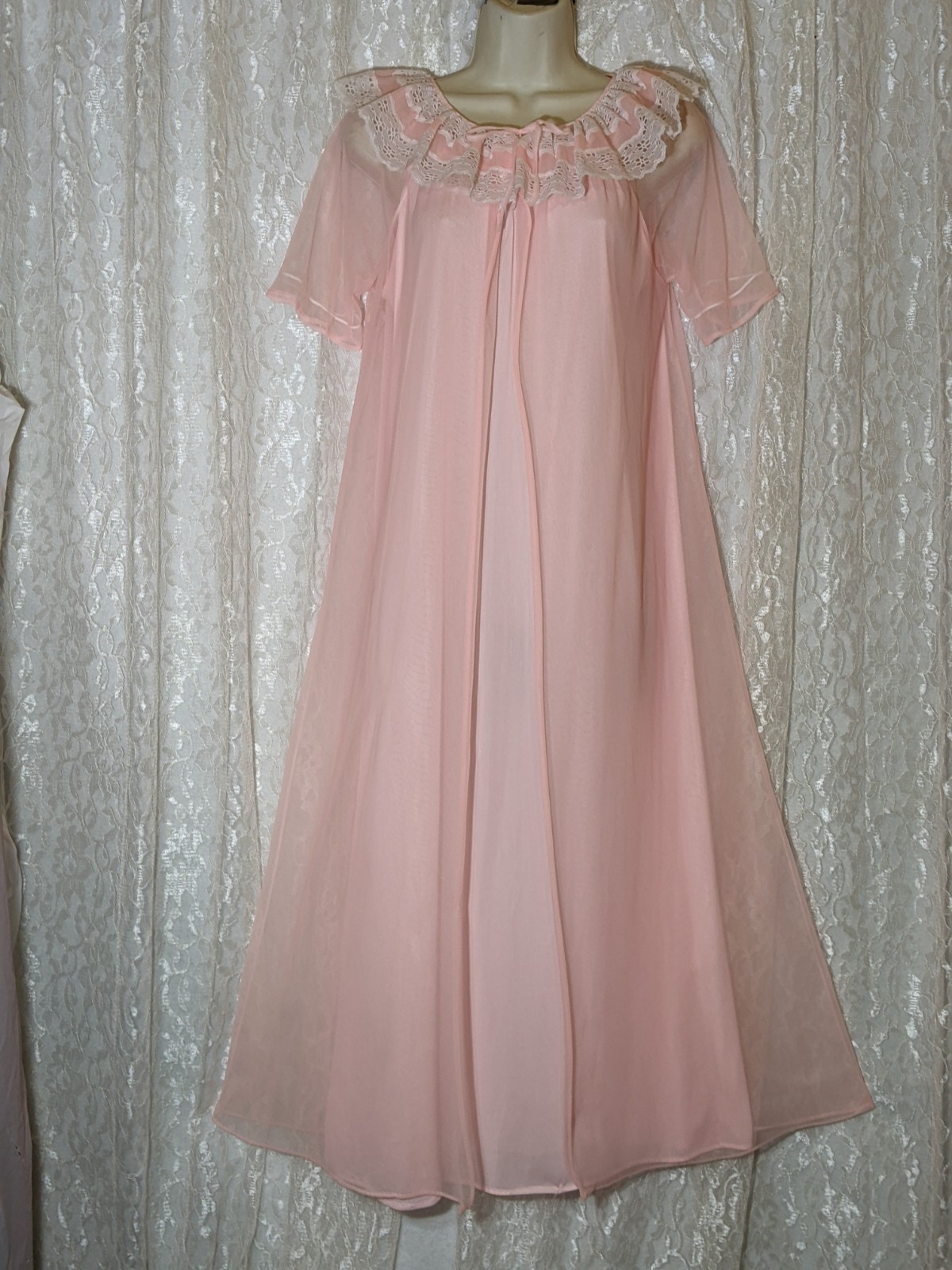 Vintage Pink Nightgown White Lace Chiffon Peignoir Robe Set M