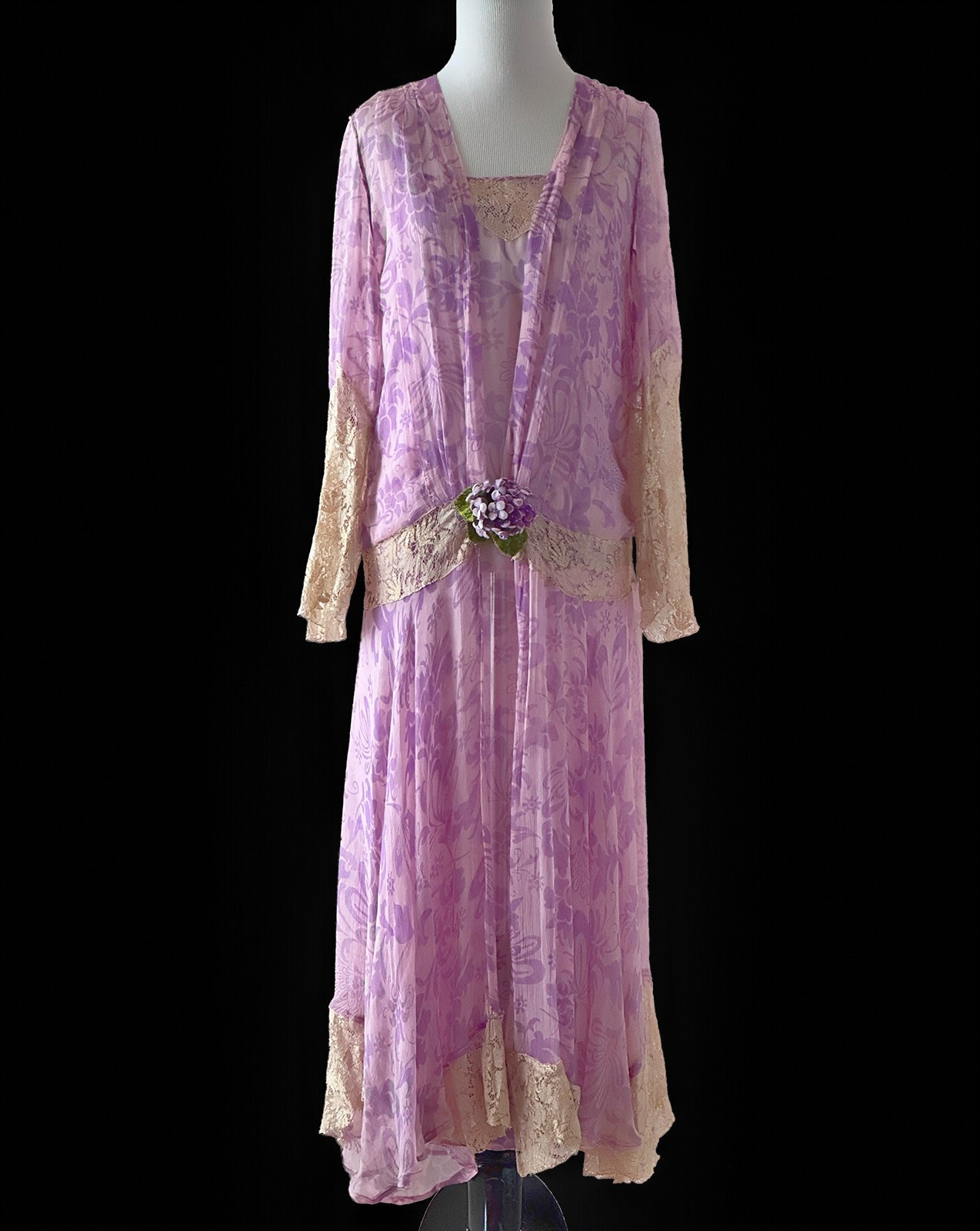 Vintage 20s Dress, 1920s Silk Chiffon and Lace 2 Piece Lavender Dress Set, S/M