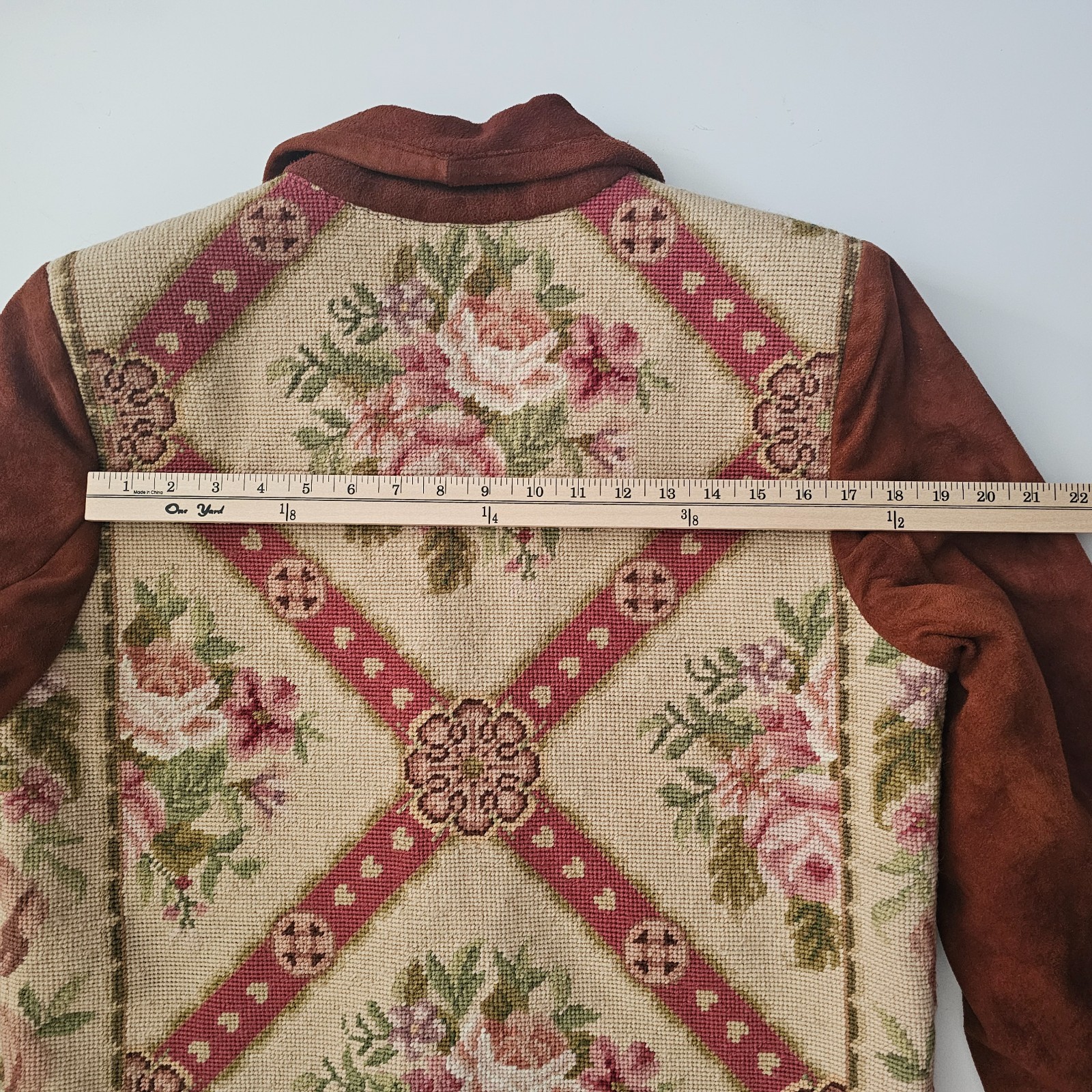 Vtg. BOUCHER Santa Fe Womens Suede Jacket Wool Floral Needle point Tapestry .925