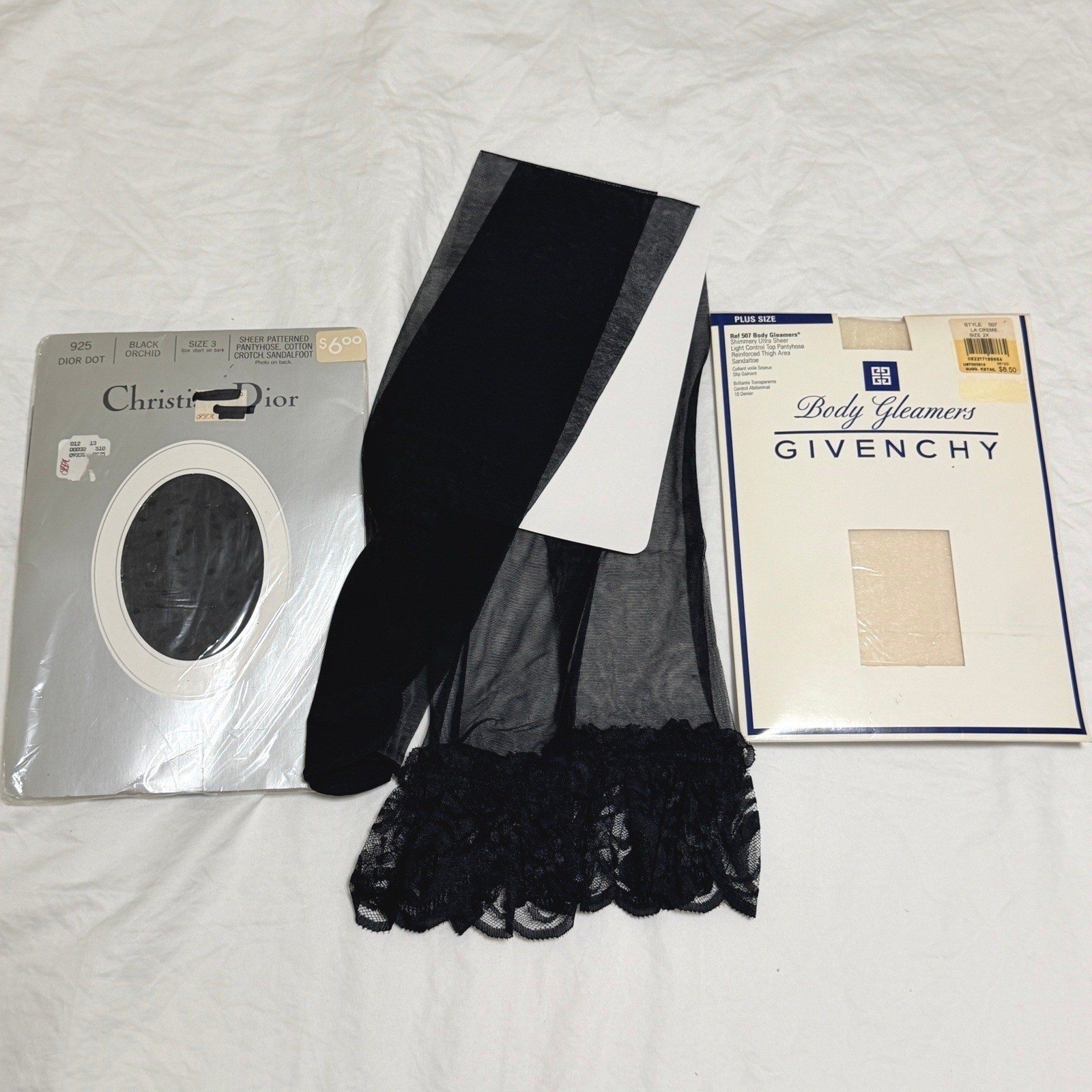 Vintage Christian Dior, Givenchy Pantyhose Lot 3 Pairs Black Dot Lace Shimmer