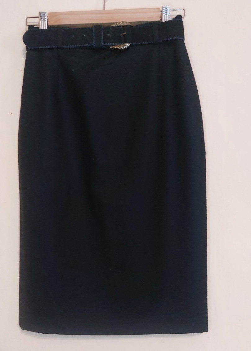 Vintage 100% Virgin Wool Pencil Skirt Woolmark Black Belted Size S M Italy 90s