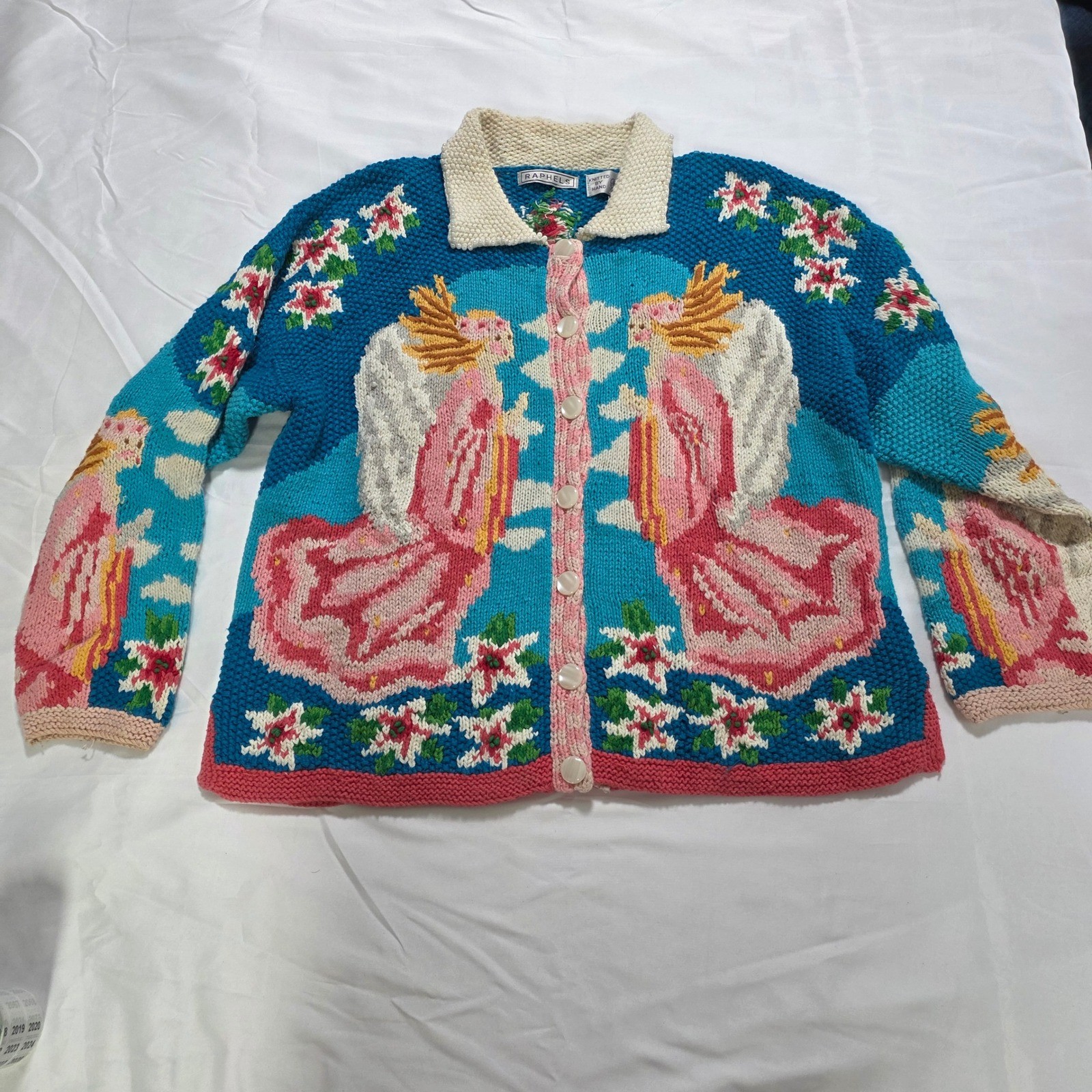 Raphels Vintage Hand Knitted Angel Cardigan Sweater Blue Pink Floral Cottagecore
