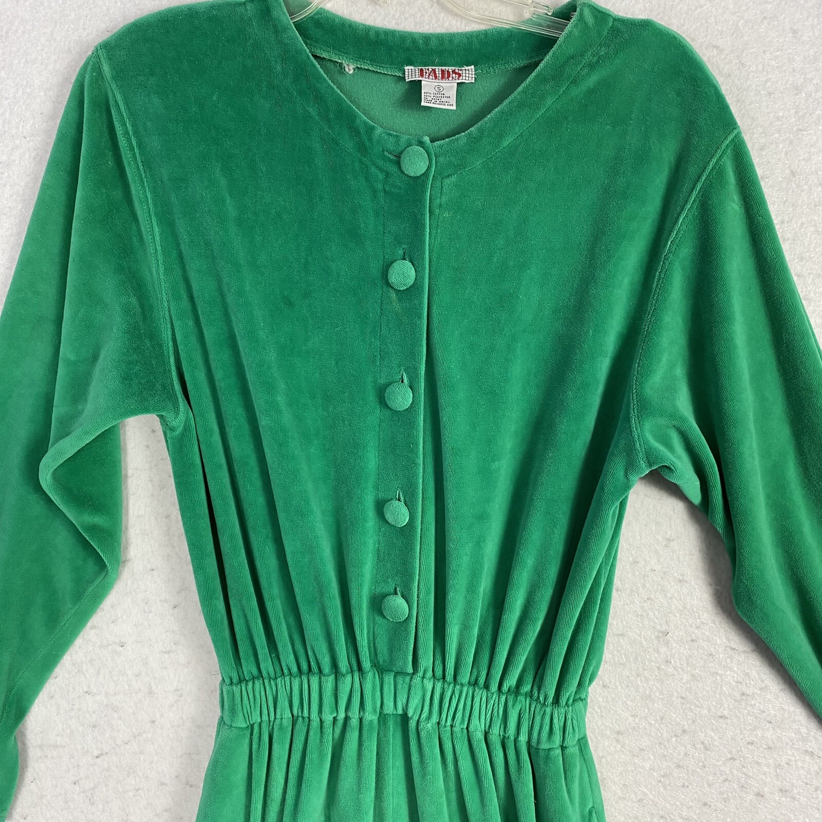 VTG Green Velour Jumpsuit Button Up Long Sleeve S 80s 90s Pockets High Rise