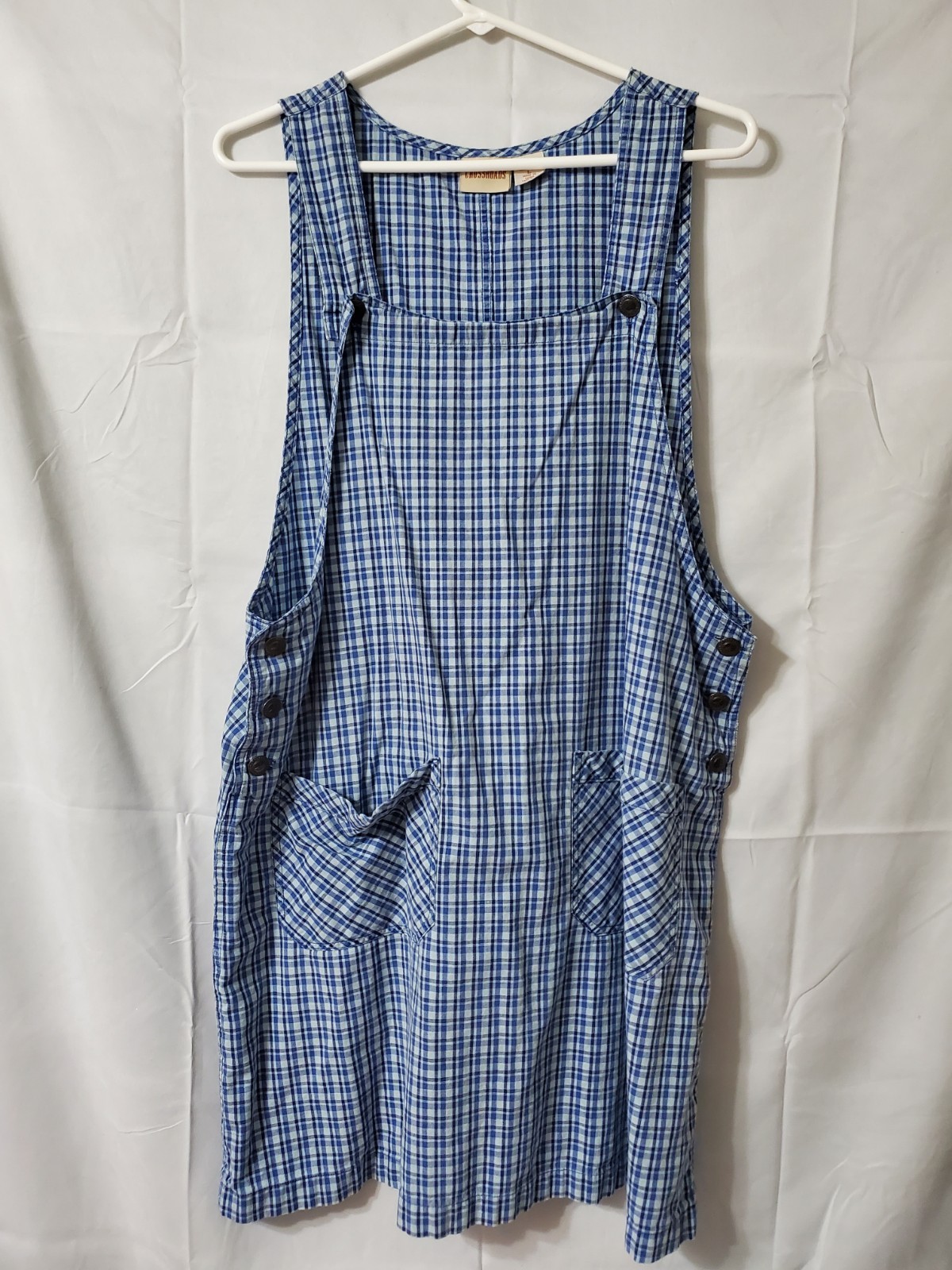 Vtg Crossroads Plaid Overall Dress Blue Size Large Cotton Cottagecore Button Up