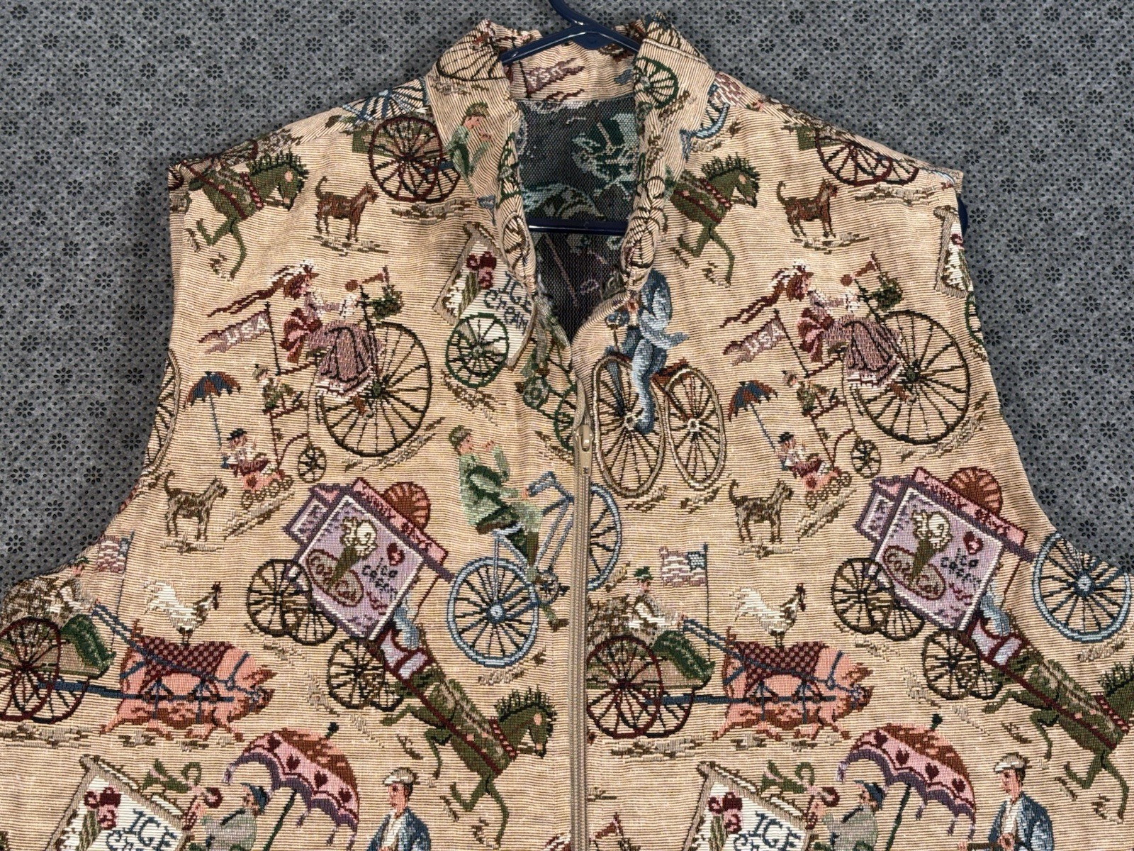 VTG Tapestry Full Zip Vest Victorian Novelty Italian Bicycle Ice Cream Size XL