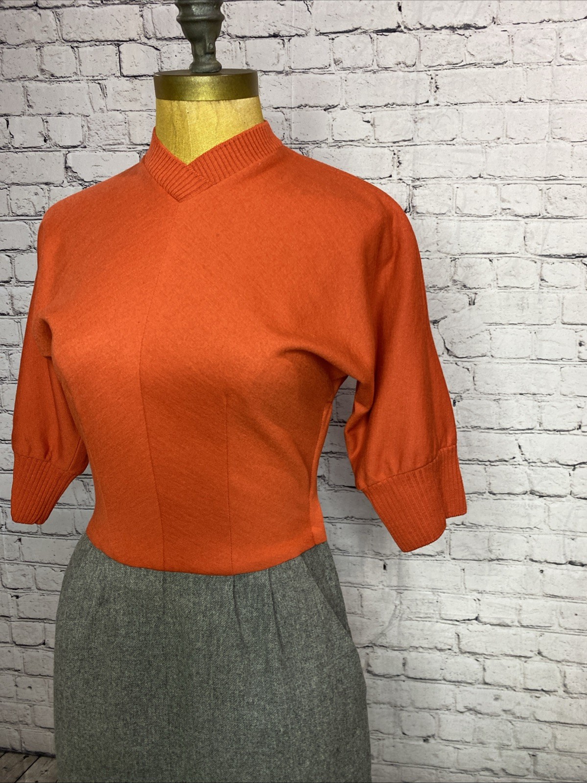 Vtg 60s Mod Marion McCoy Wool Orange Dress 3/4 Sleeve MIDI Pencil Secretary