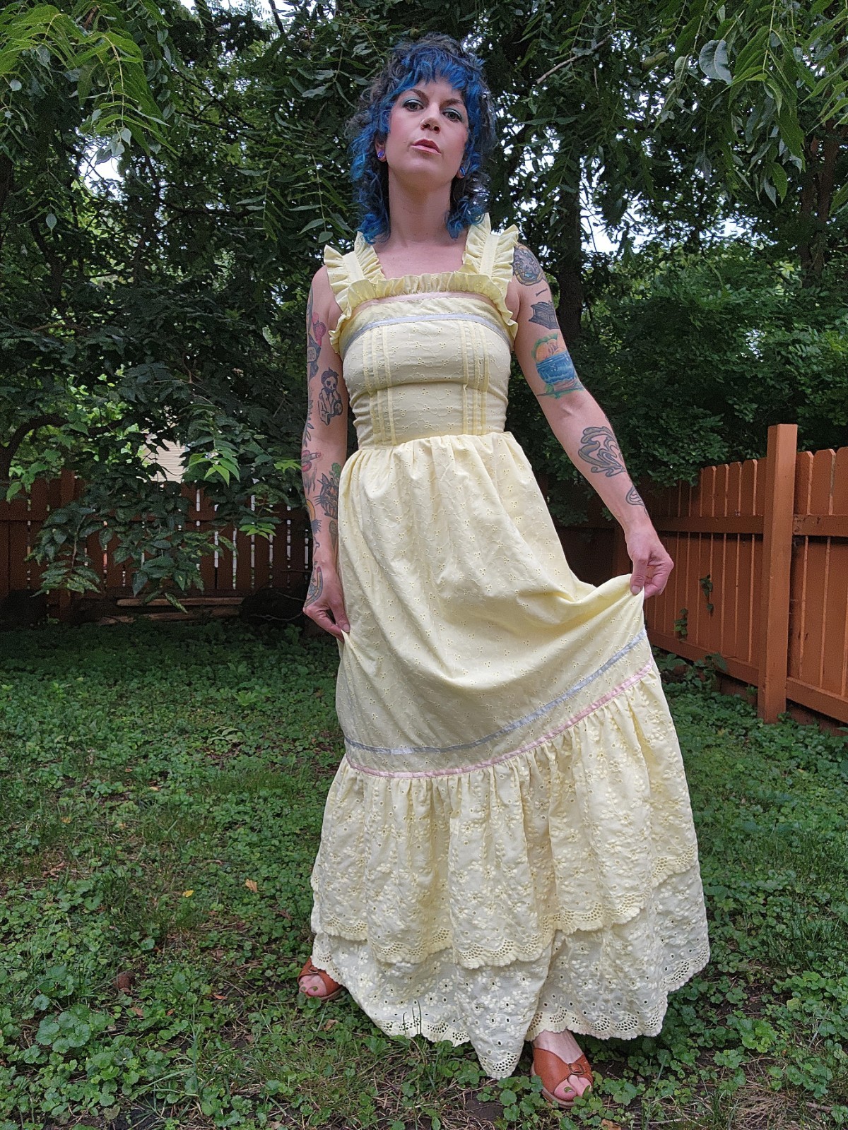 1970s Eyelet Cotton Maxi Dress SM XS Cottage Core Butter Yellow Vintage