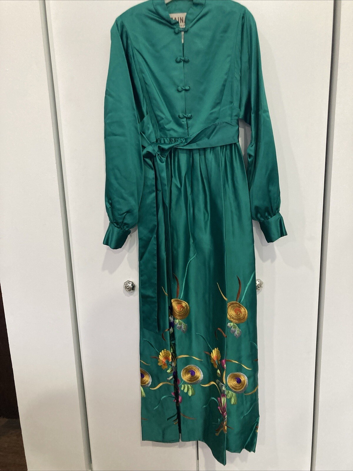 1960s Teal Green Emerald Embroidered Silk Dress Size 10 Charlottes-West Of Akron