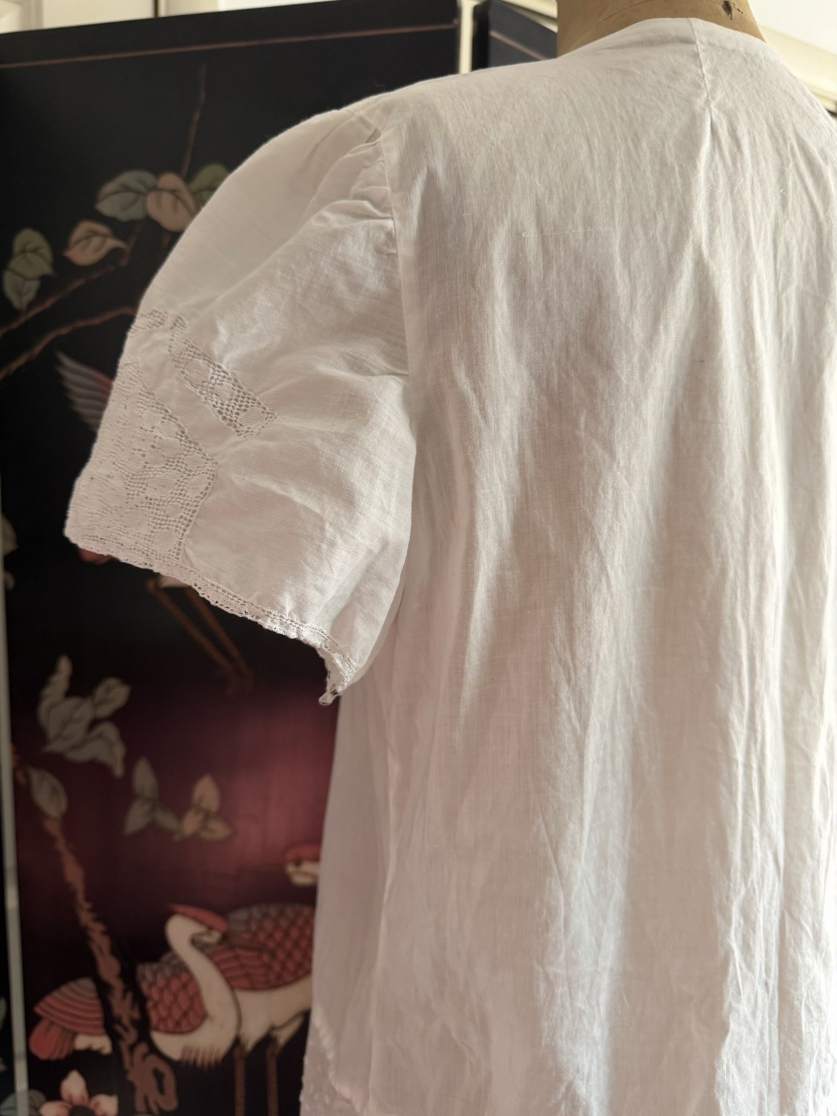 Vintage 1940’s White Cotton Blouse Dotted Swiss & Crochet Lace Puff Sleeve Top