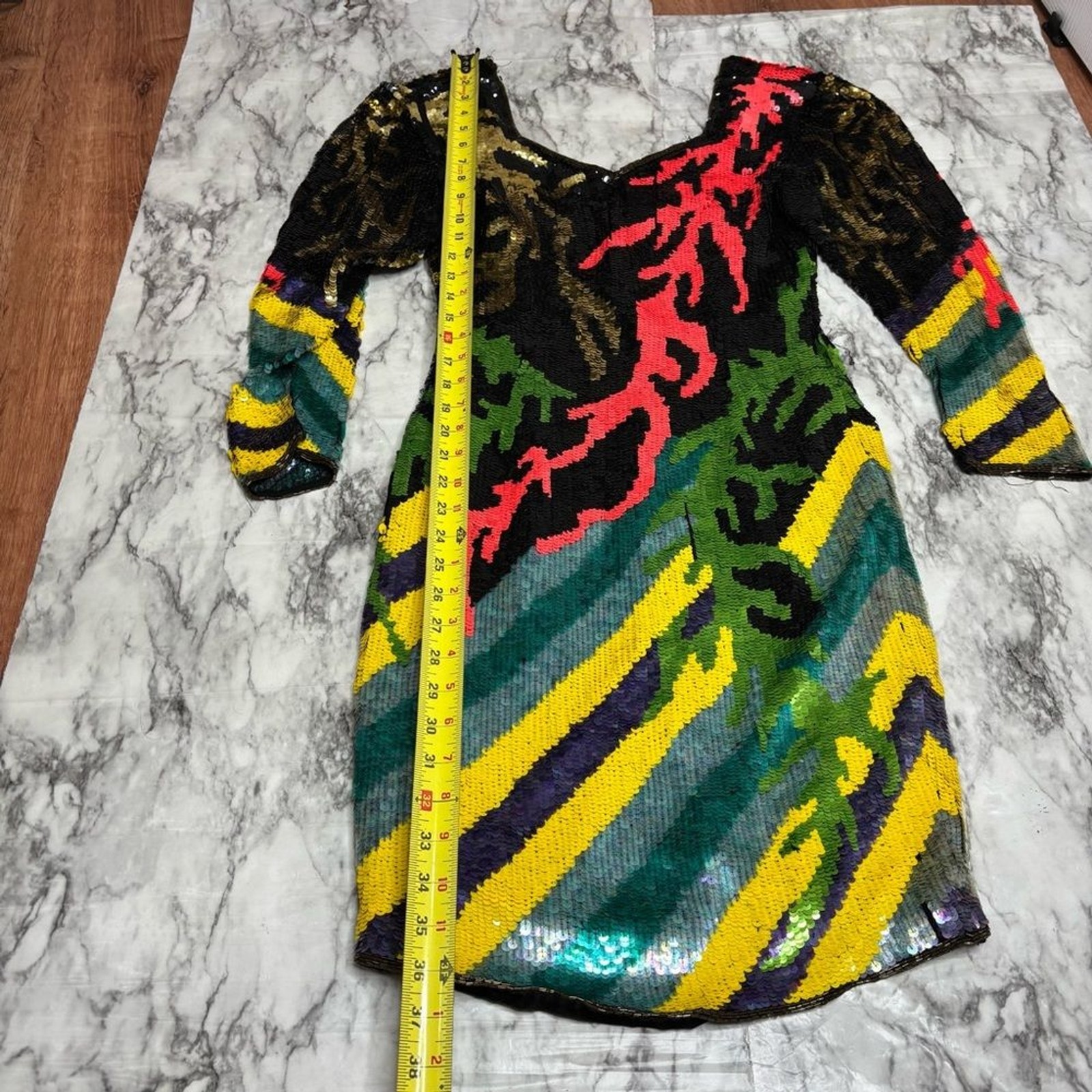 Vintage 80s fully Sequin beaded dress colorful abstract art to wear fits small