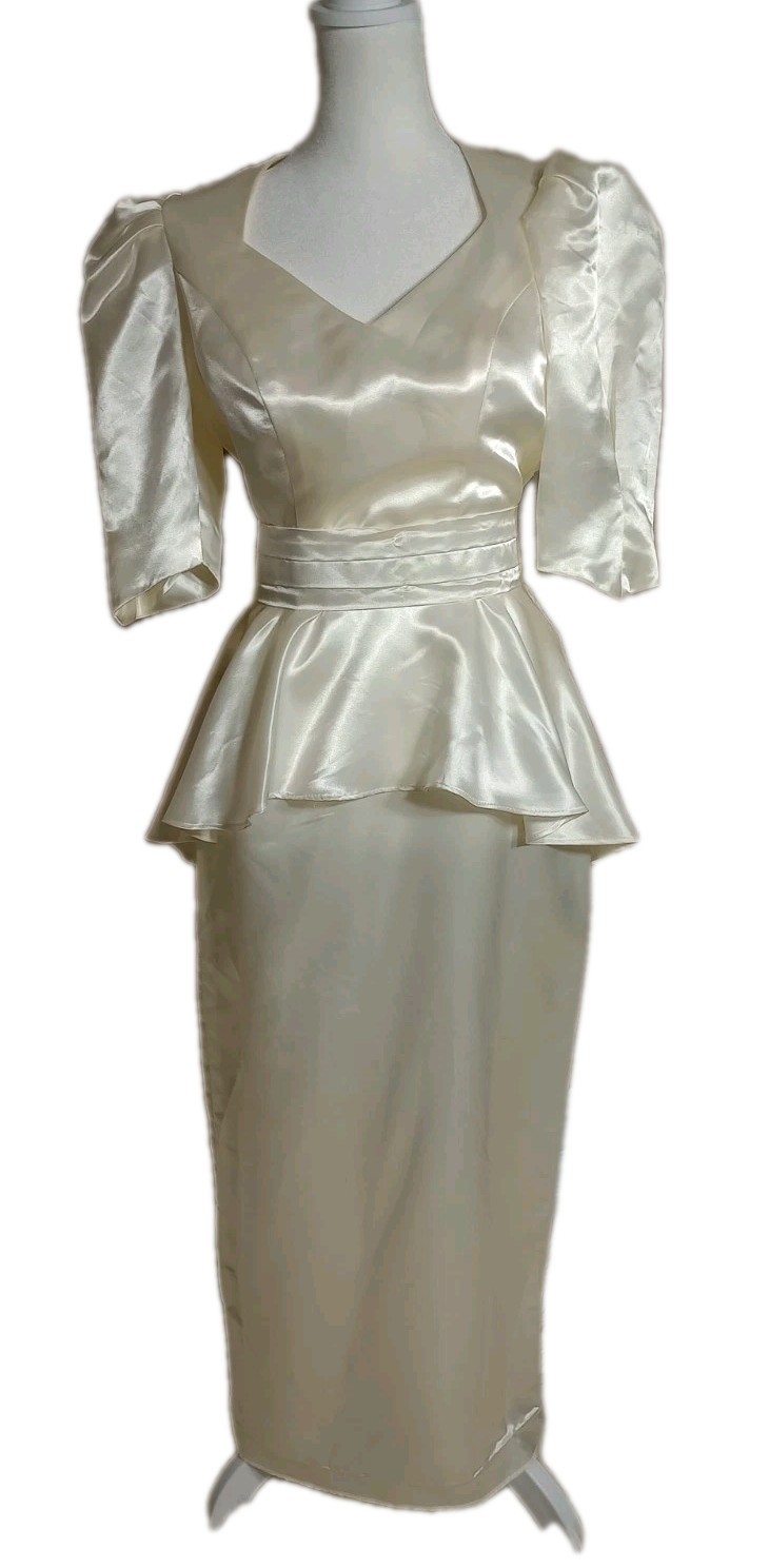 Vtg 80s Nu-Mode Satin Peplum Tea Length Wedding Dress Bow Open Back Size 5 / 6