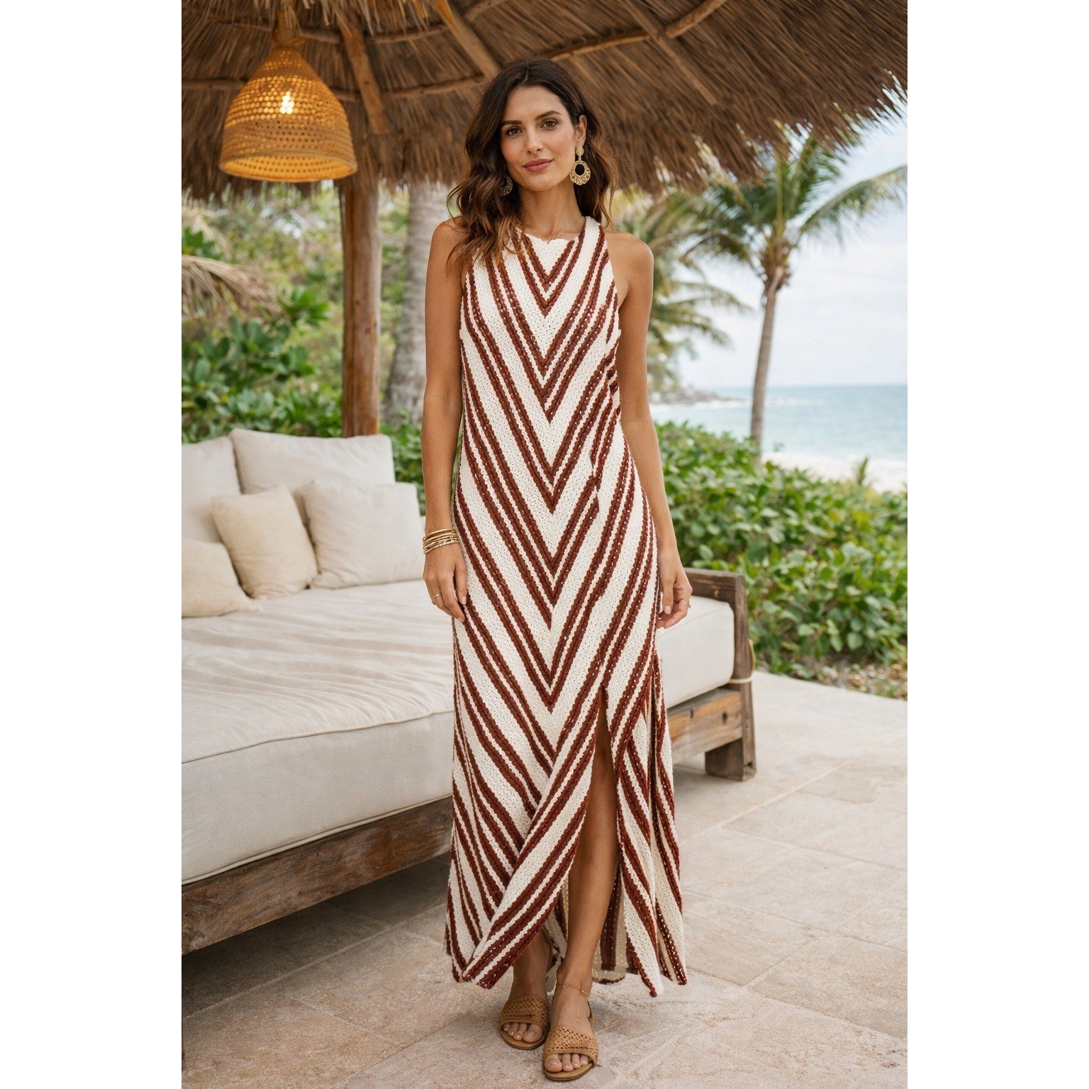 Bohemian Retro Crochet Knit Maxi Dress Resortwear Vacation Size 10 Timeless
