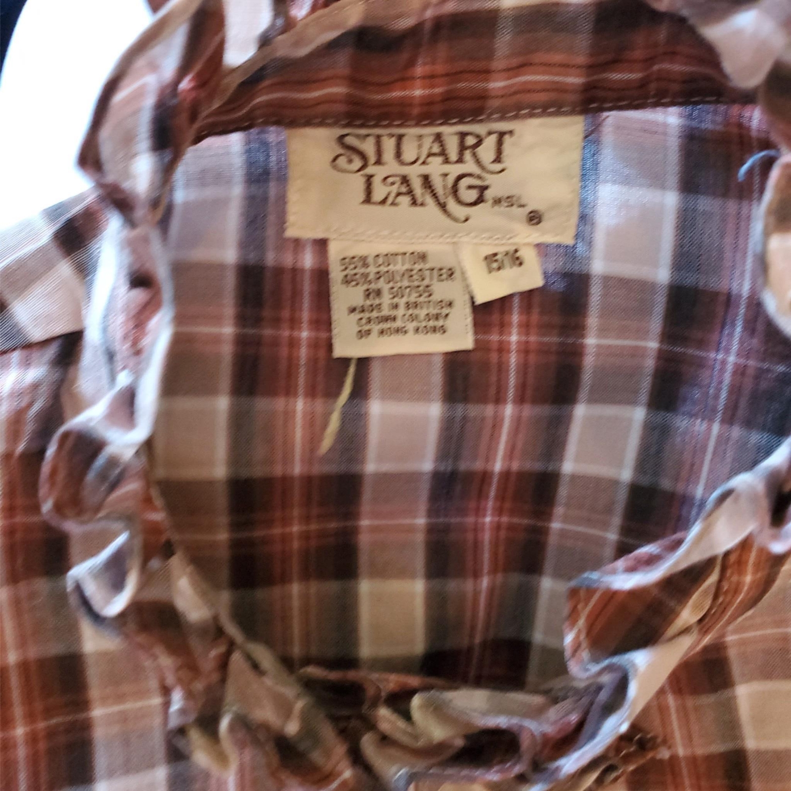 Vintage Brown Plaid Cotton Long Sleeved Blouse Shirt Ruffled Stuart Lang 15/16 n