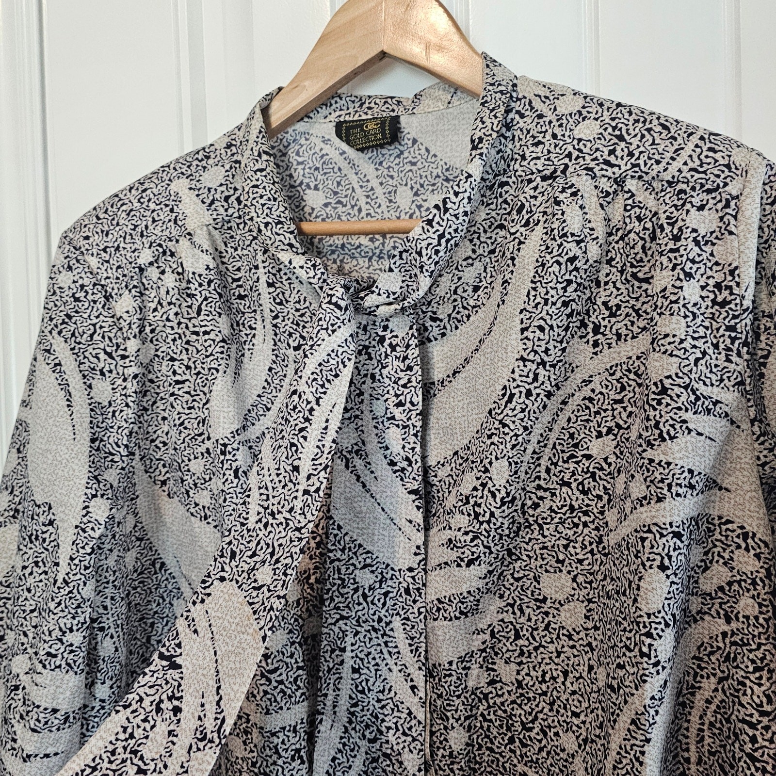 Vintage Gold Card Collection Blouse Womens 2X Black 80s Neck Tie Button Retro