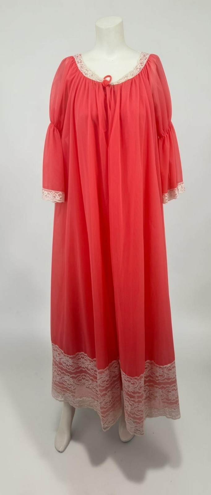 VTG L/XL Miss Elaine Coral Db Sheer Chiffon Peignoir Robe Nightgown Set Bell Slv