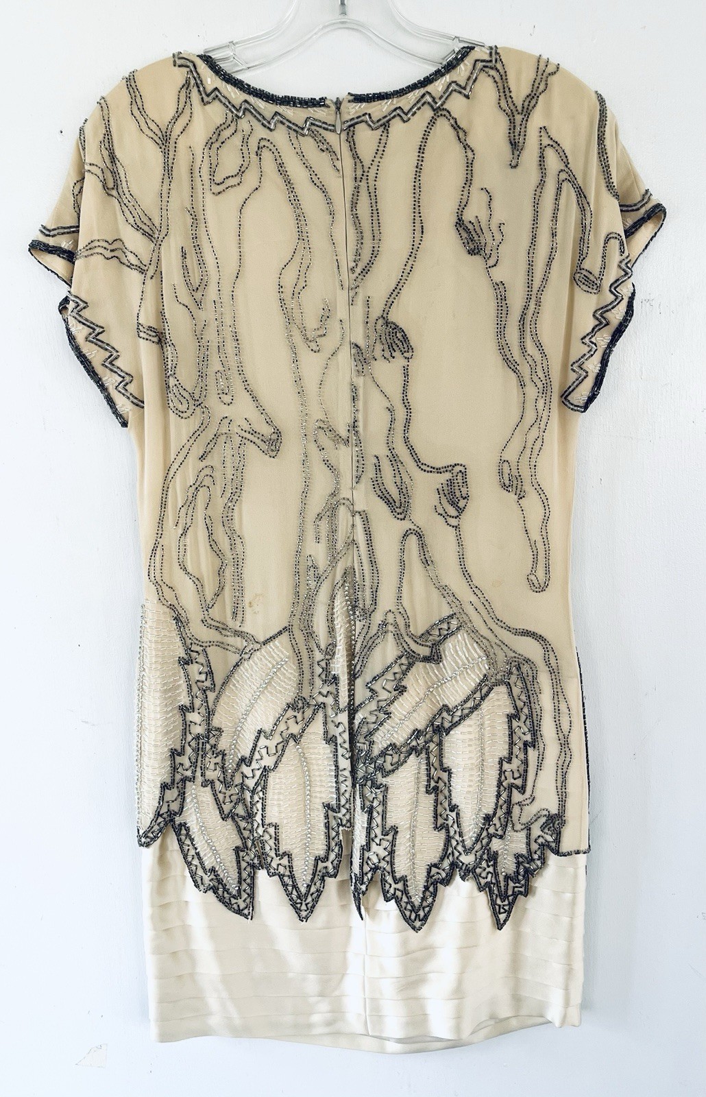Vintage Fabrice Simon 1980s Beaded Handmade Silk Dress w/ Leaf Motif Over Skirt