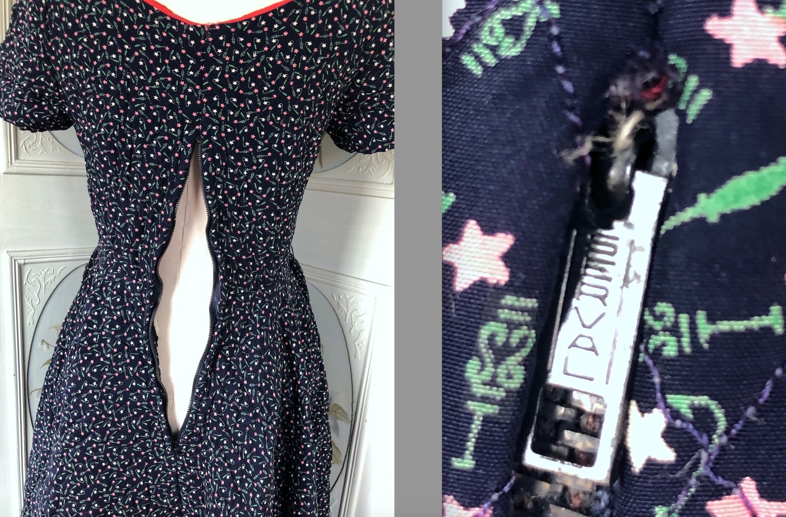 VTG 50s RAYON? QUILTED FULL CIRCLE DAY DRESS BLUE PINK GREEN NOVELTY STARS EUC