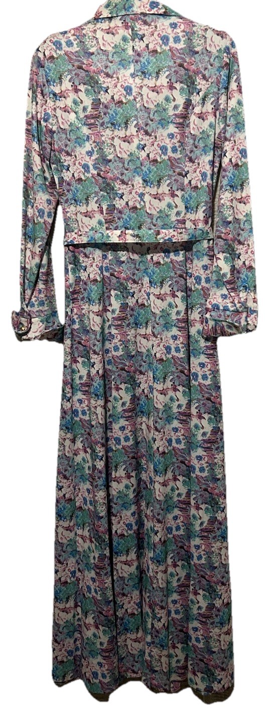 Vintage 60s Dress 10 Stretch Knit Belted Floral Print Boho Garden Party Maxi S/M