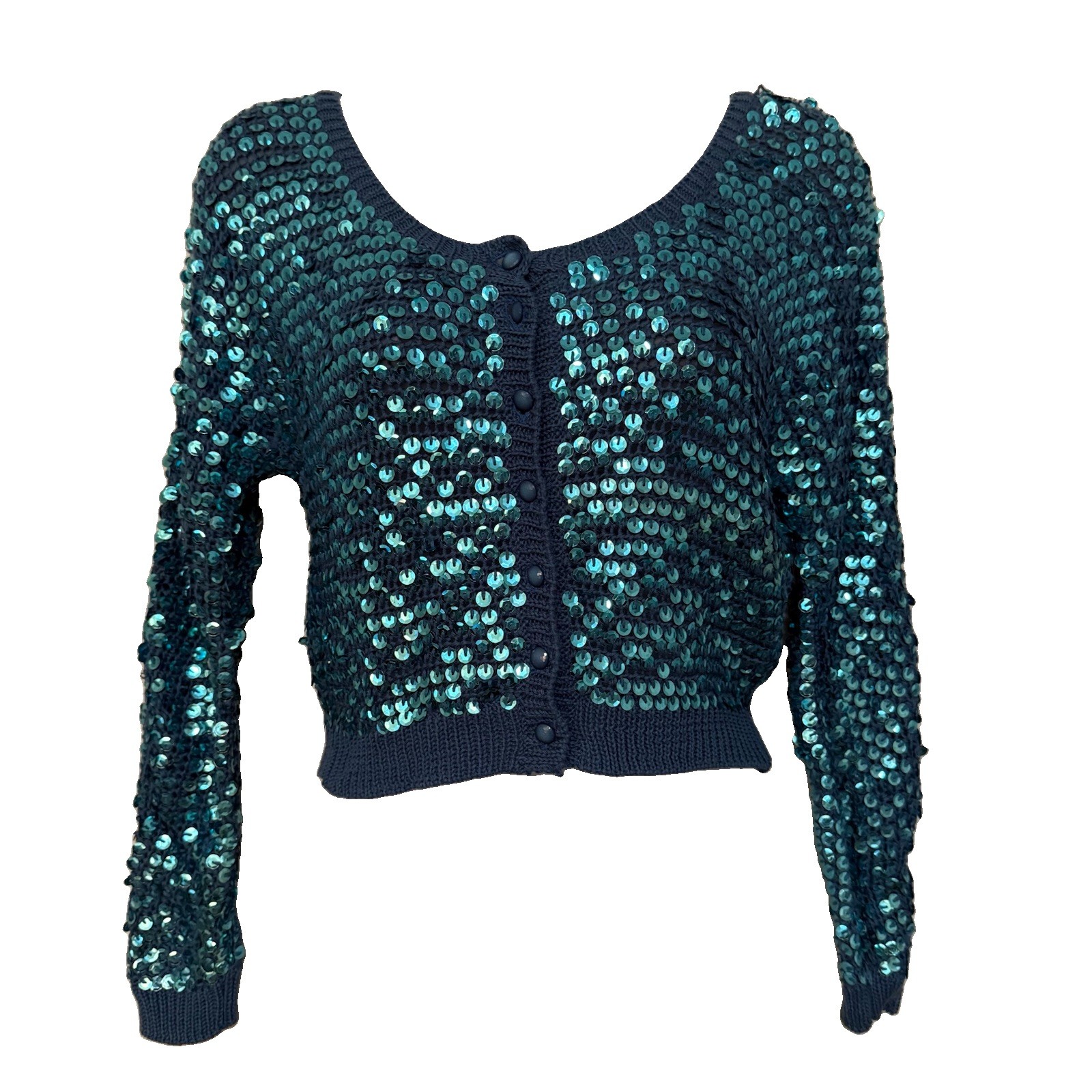 VTG 90’s Betsey Johnson Blue Sequin Knit Cardigan Size Large READ