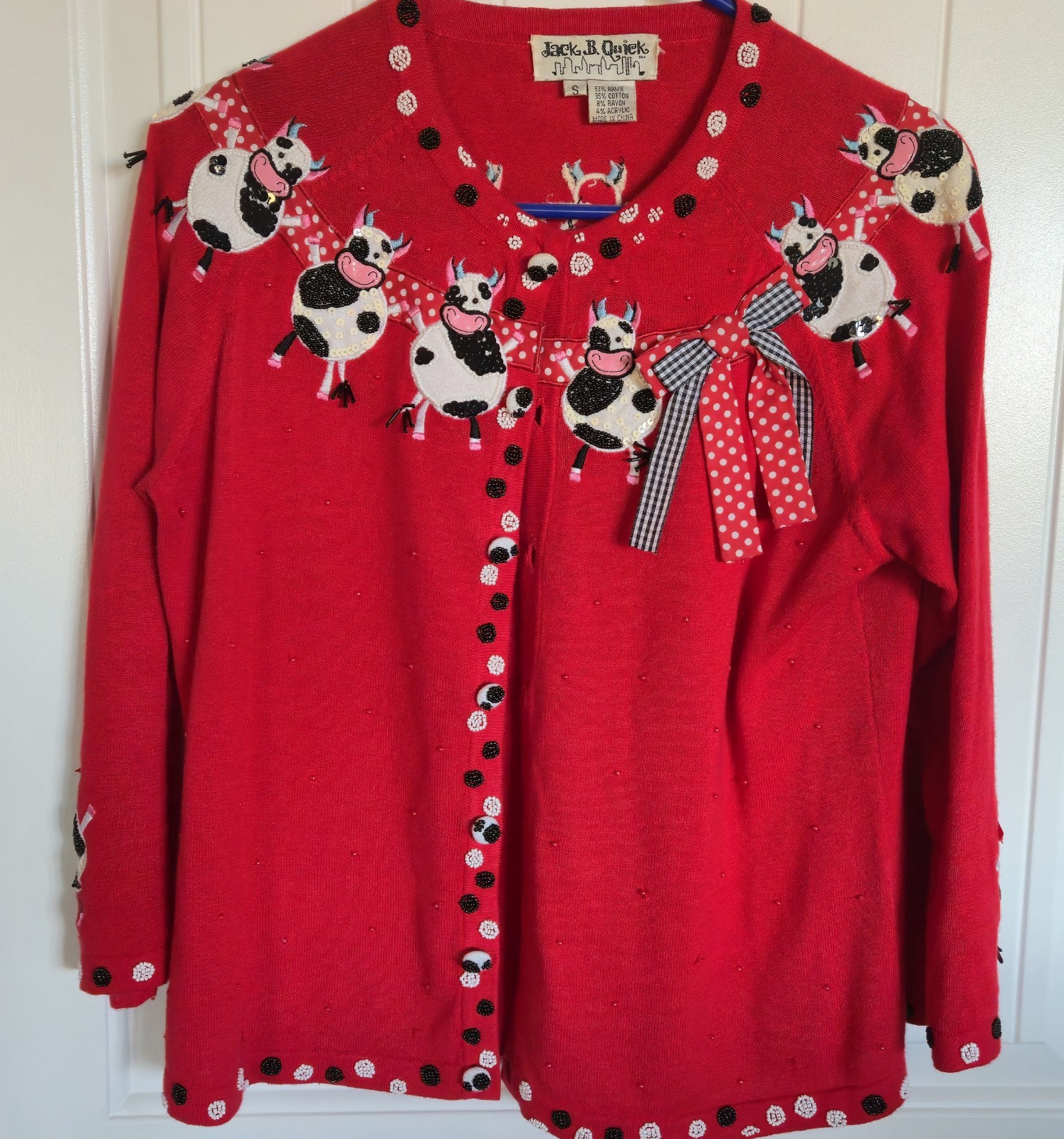 Vintage Dancing Cow Jack B Quick Red Whimsical Small Beaded Sweater Ramie 🐮❤️