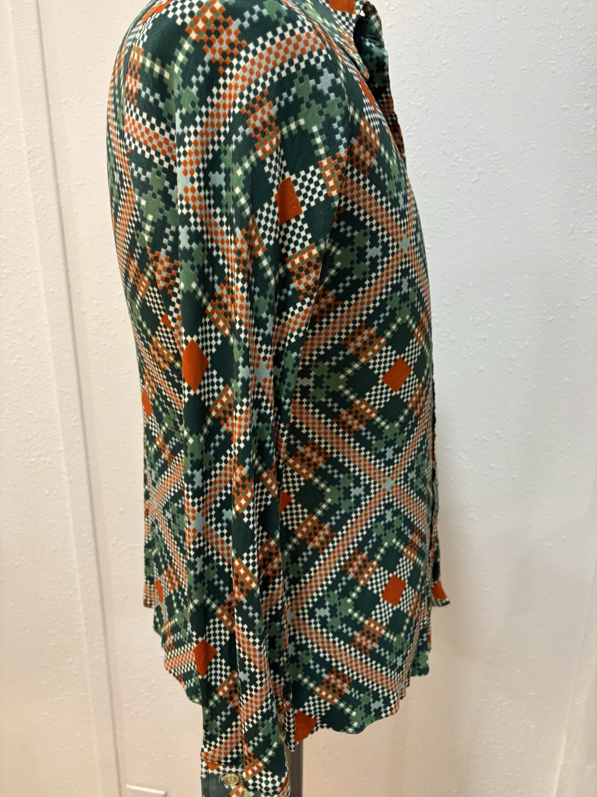 70’s Women Geometric Pointed Collar LS VTG button Down Polyester S No Tag
