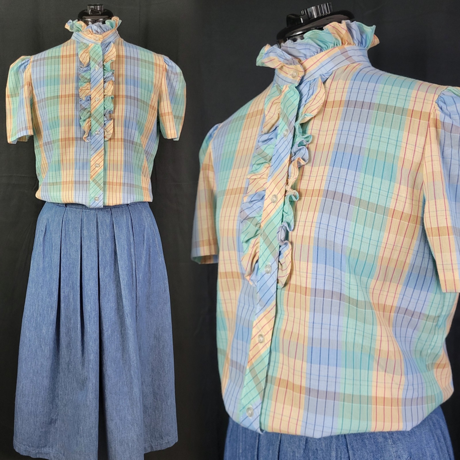 Vtg Lucky Winner Peach/Mint/Blue Plaid Top w Ruffled Collar Size 11/12